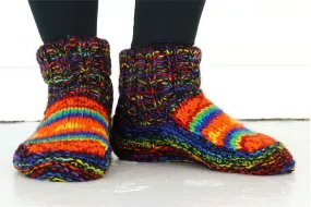 Hand Knitted Wool Slipper Socks - SD Black Rainbow Orange