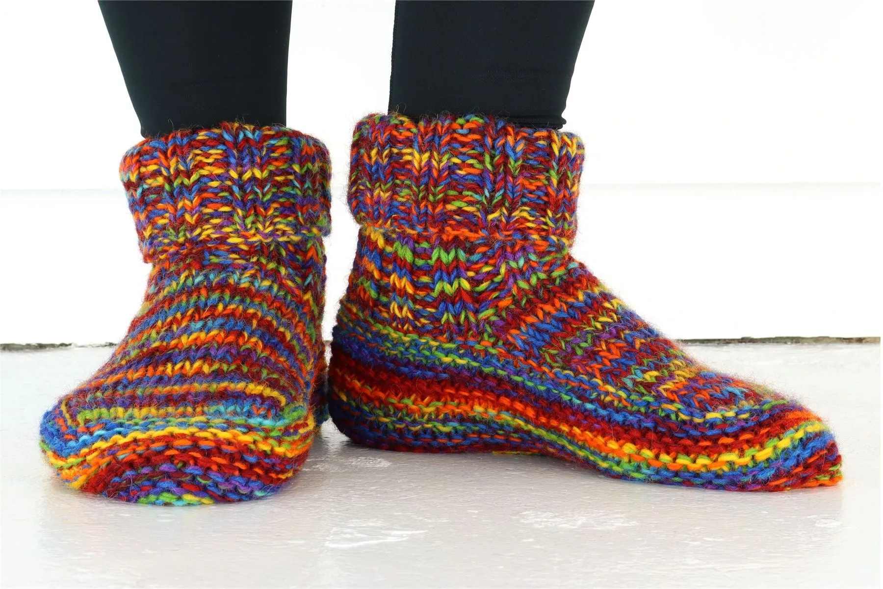 Hand Knitted Wool Slipper Socks - SD Rainbow