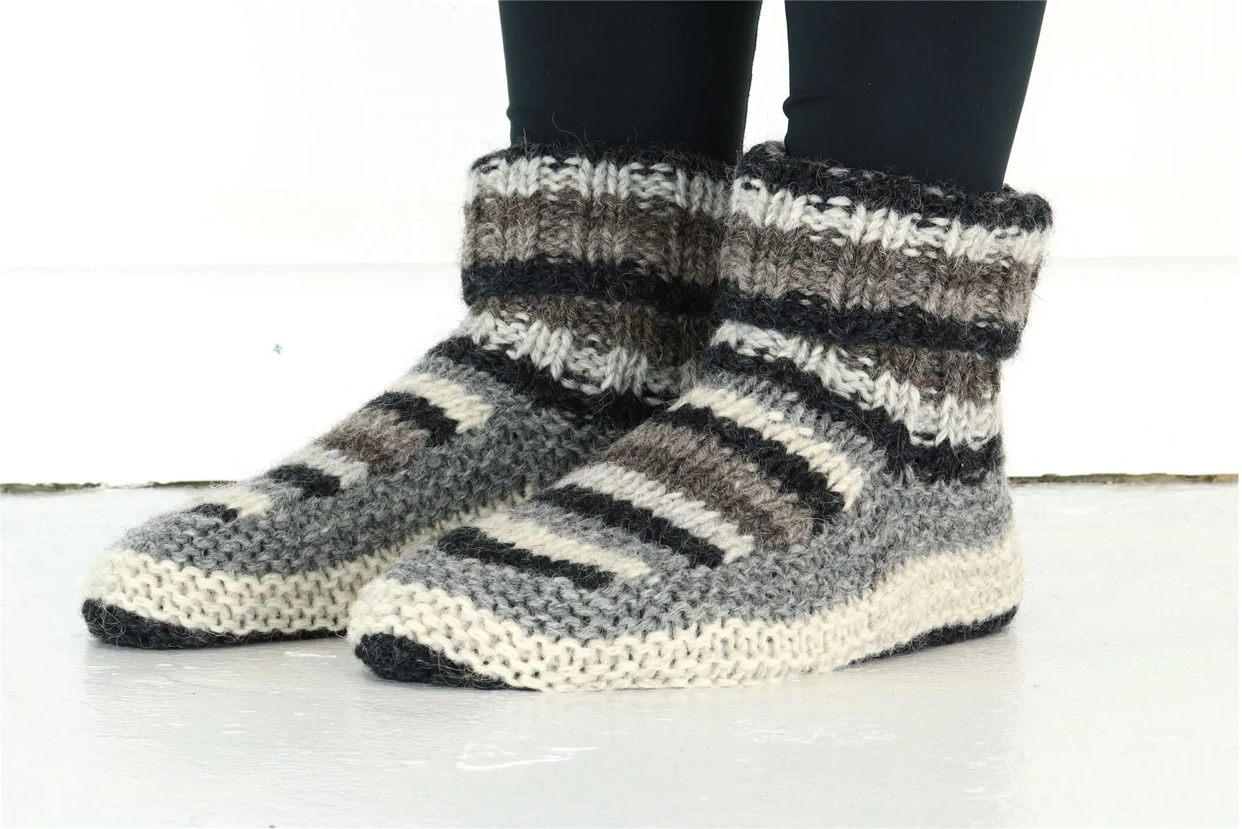 Hand Knitted Wool Slipper Socks - Stripe Natural