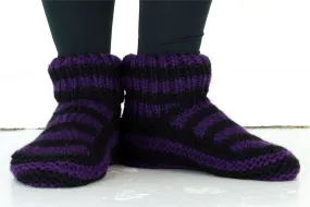 Hand Knitted Wool Slipper Socks - Stripe Purple Black