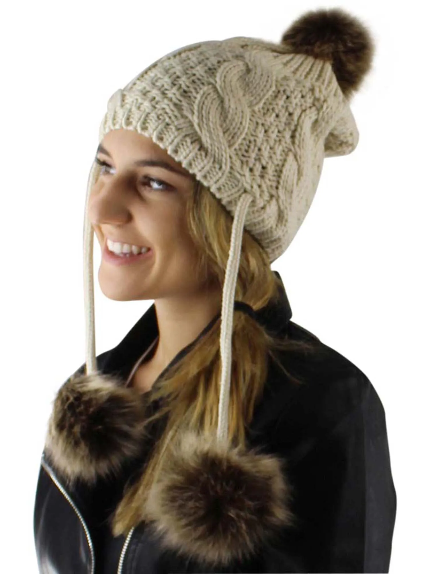 Handcrafted Cable Knit Pom Pom Tibetan Hat