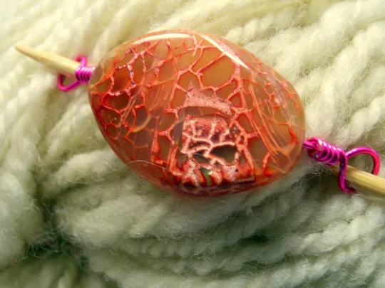 Handmade Natural Stone Shawl Pin ~ Wire Wrapped Stone ~ Painted Agate C Orange Pink and Red with Pink Wire