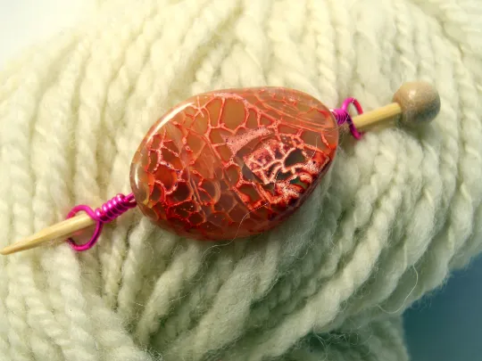 Handmade Natural Stone Shawl Pin ~ Wire Wrapped Stone ~ Painted Agate C Orange Pink and Red with Pink Wire