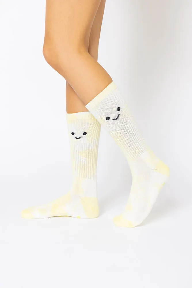 Happy Face Mid-Calf Gym Socks - Yellow Tie Dye