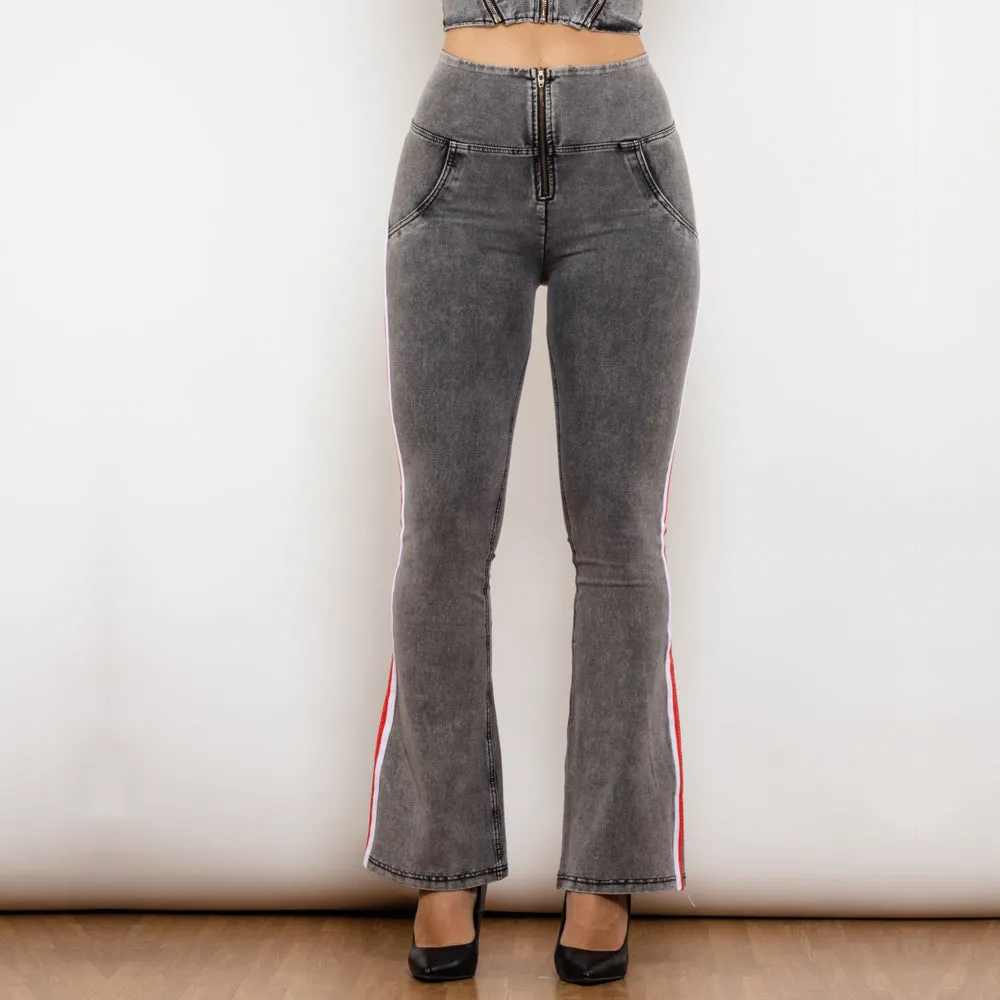 High Waist Dark Thread Grey Flare Jeans with Stripe