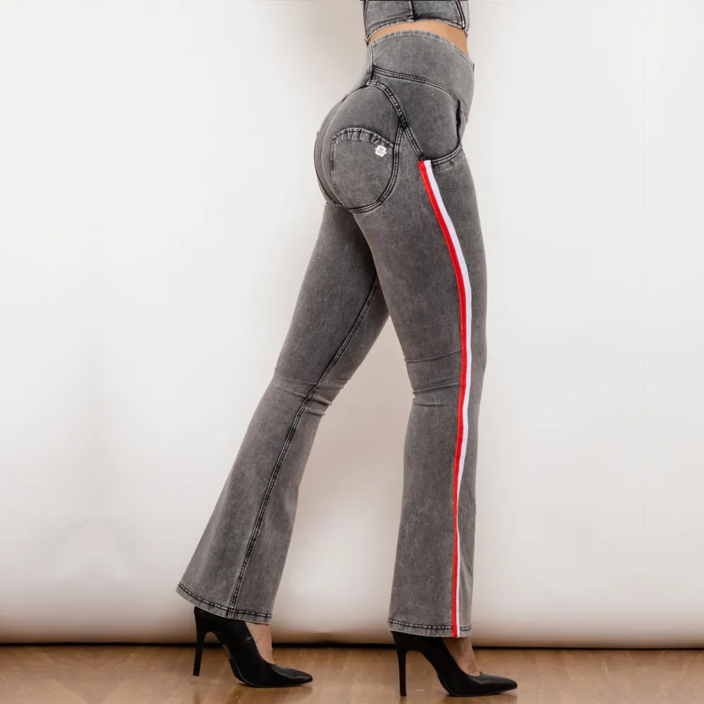 High Waist Dark Thread Grey Flare Jeans with Stripe