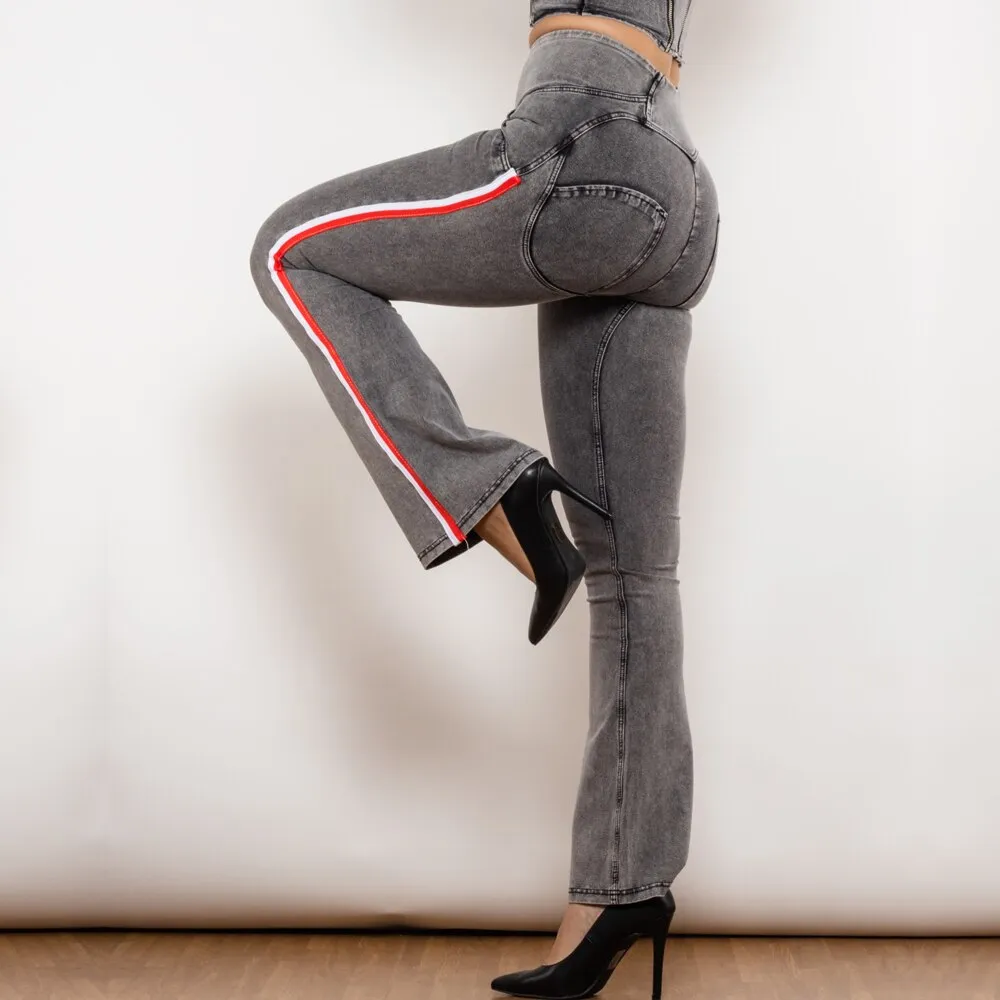 High Waist Dark Thread Grey Flare Jeans with Stripe