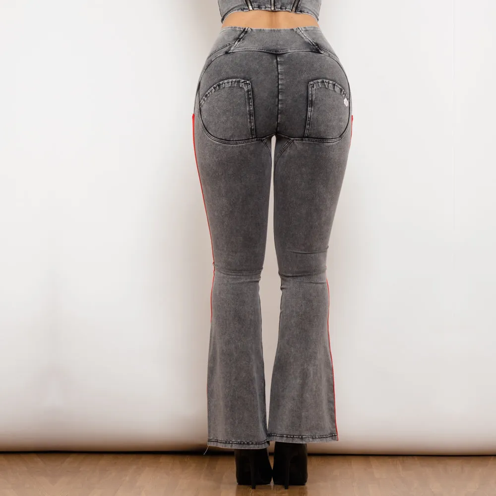 High Waist Dark Thread Grey Flare Jeans with Stripe