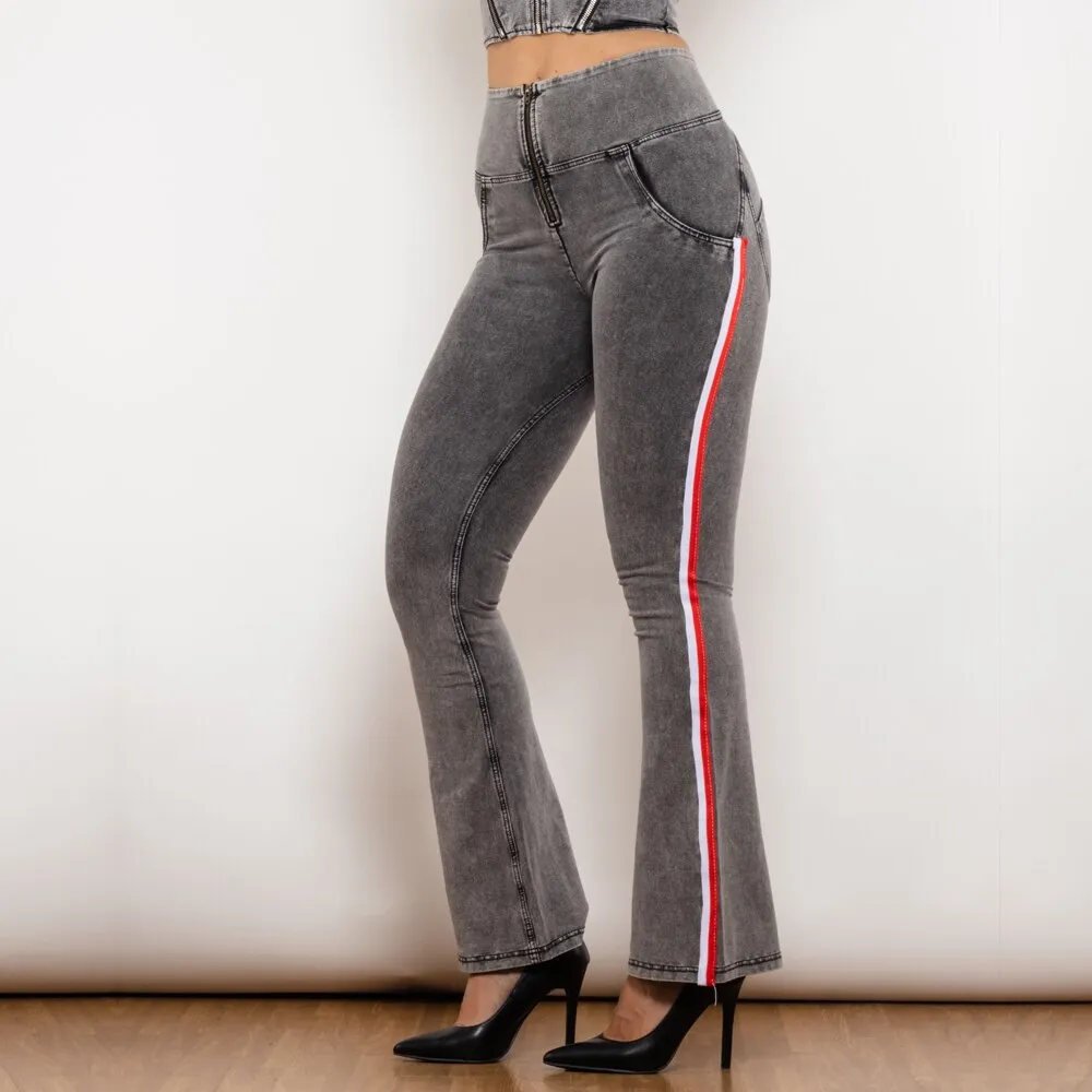 High Waist Dark Thread Grey Flare Jeans with Stripe