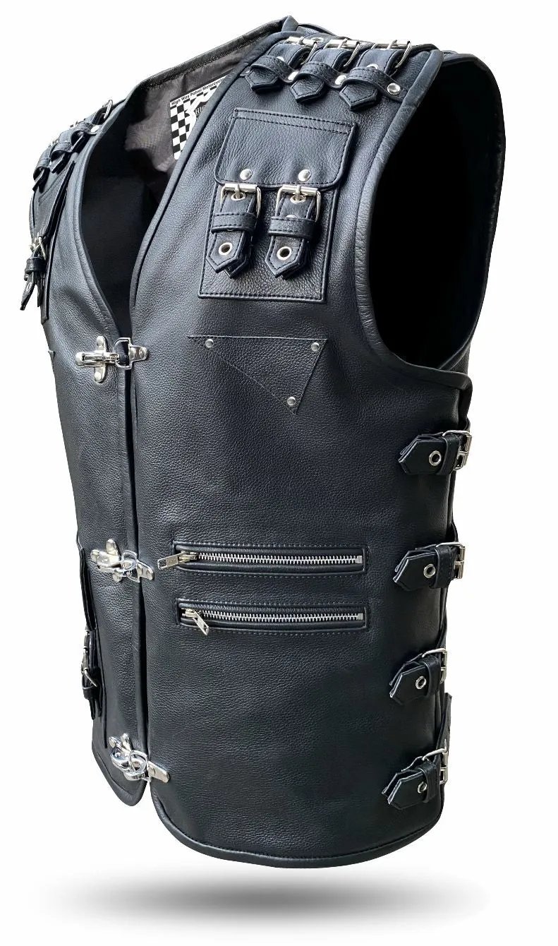 HL11654BLACK Heavy Metal Rocker Biker Waistcoat Motorcycle Leather Vest