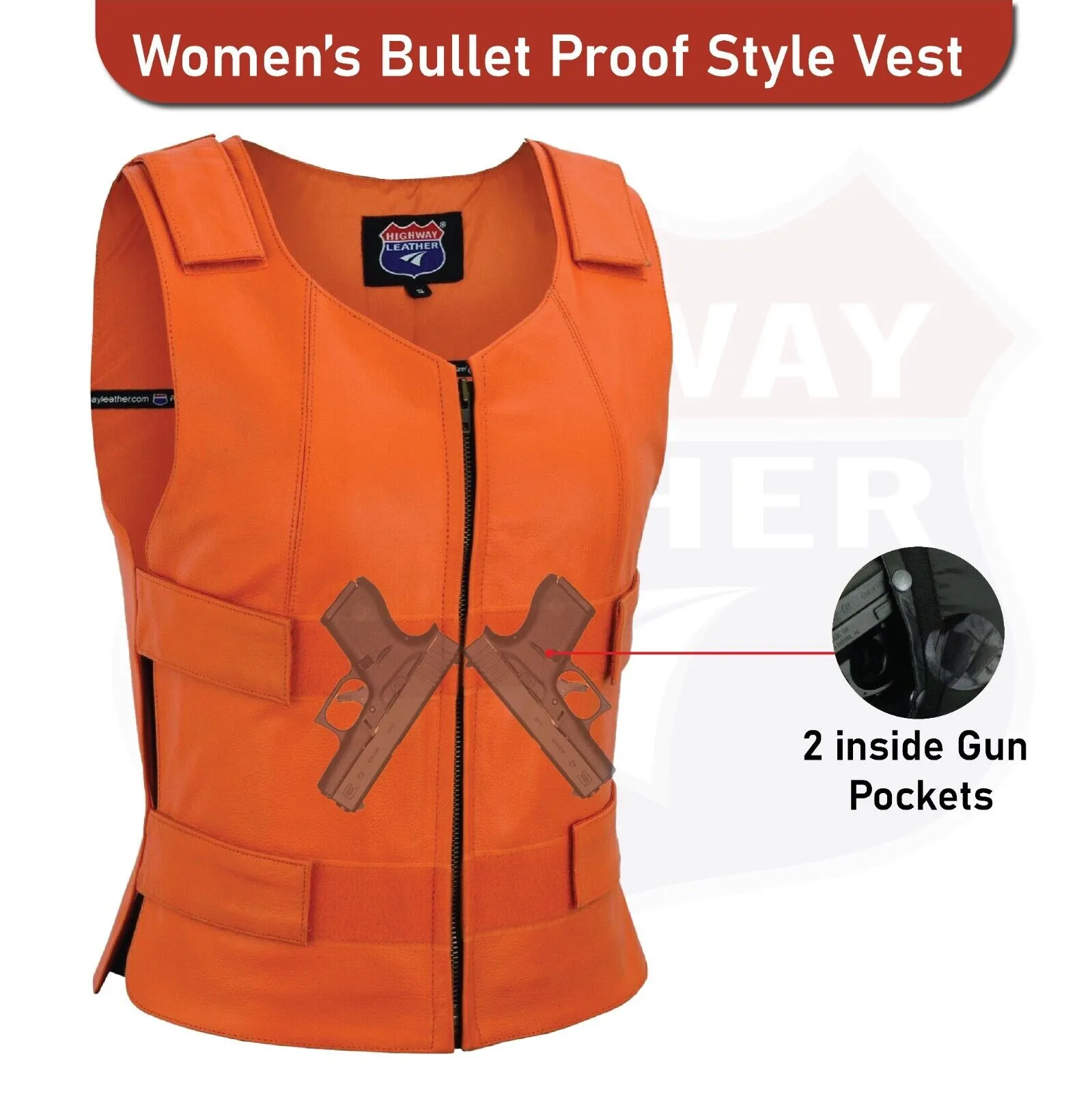 HL14945Orange Women Orange Bullet Proof Leather Vest