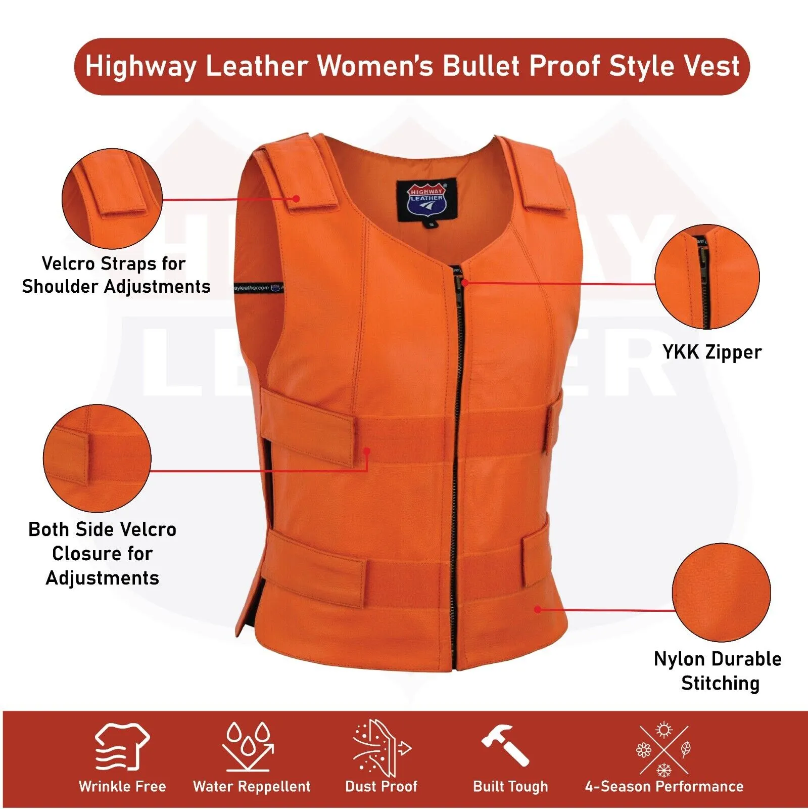 HL14945Orange Women Orange Bullet Proof Leather Vest