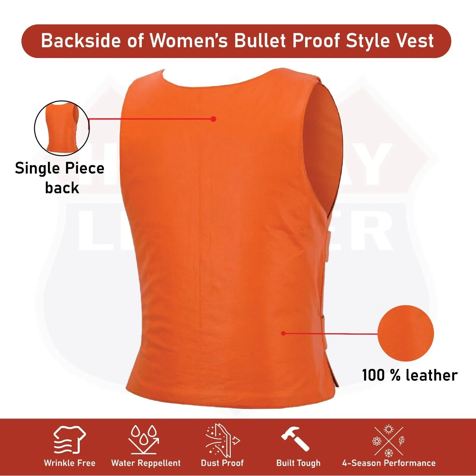 HL14945Orange Women Orange Bullet Proof Leather Vest