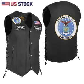 HL3540AIRFORCE Black Men's Genuine Leather 10 Pockets Motorcycle Biker Vest ANARCHY Black SOA