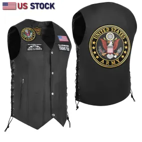 HL3540ARMY Black Men's Genuine Leather 10 Pockets Motorcycle Biker Vest ANARCHY Black SOA