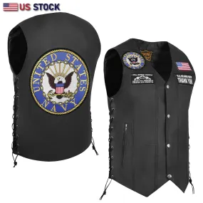 HL3540NAVY Black Men's Genuine Leather 10 Pockets Motorcycle Biker Vest ANARCHY Black SOA