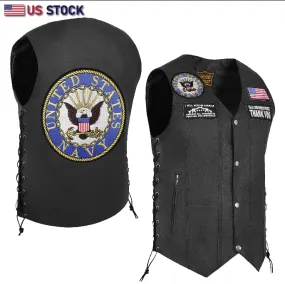 HL3540NAVY Black Men's Genuine Leather 10 Pockets Motorcycle Biker Vest ANARCHY Black SOA