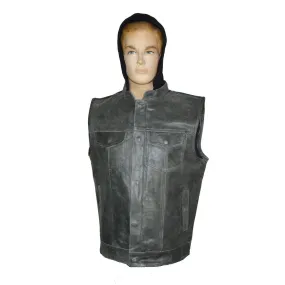 HMM914HDG Distressed Gray Motorcycle Club Leather Vest with Hood