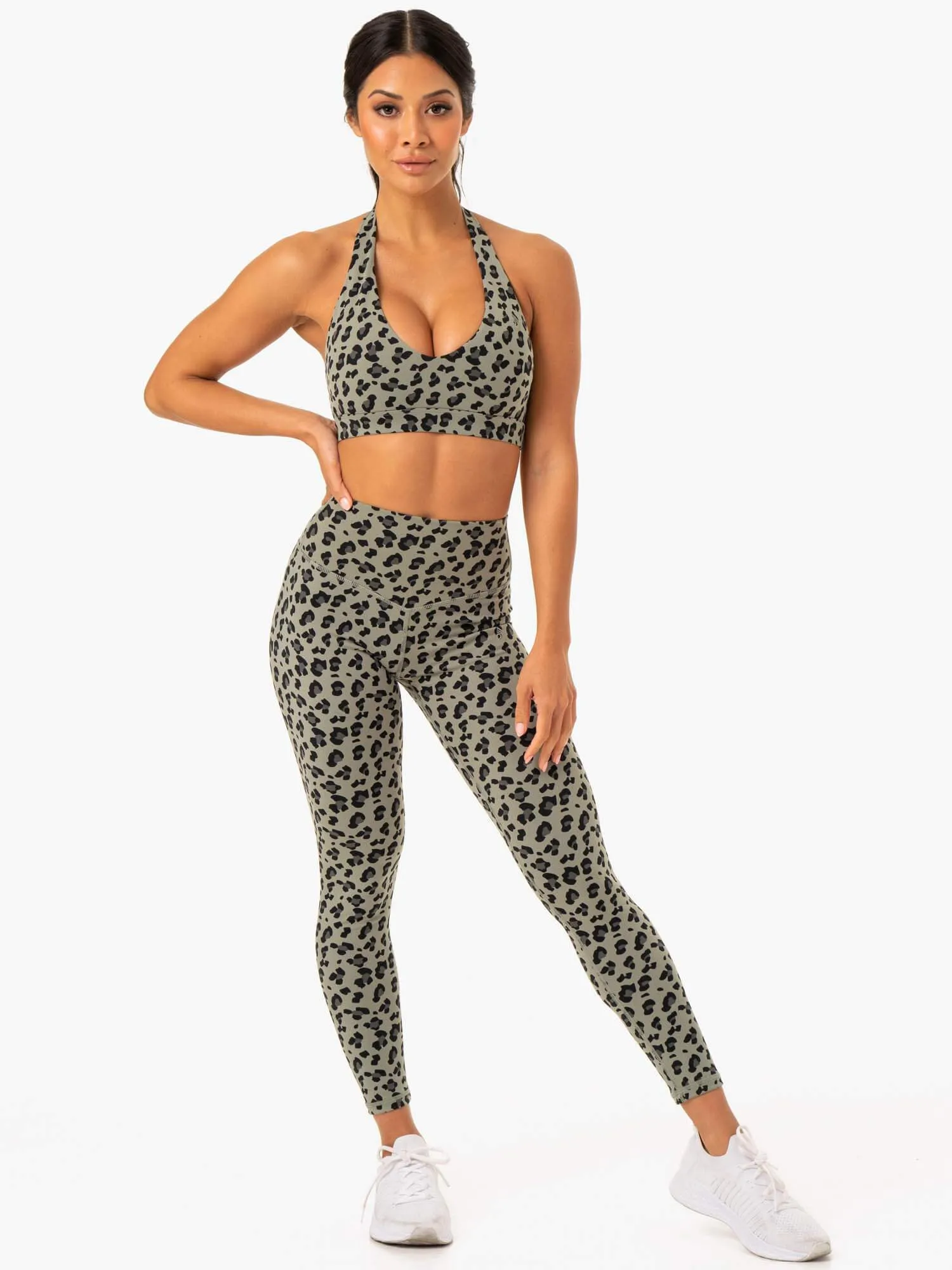 Hybrid Full Length Leggings - Khaki Leopard