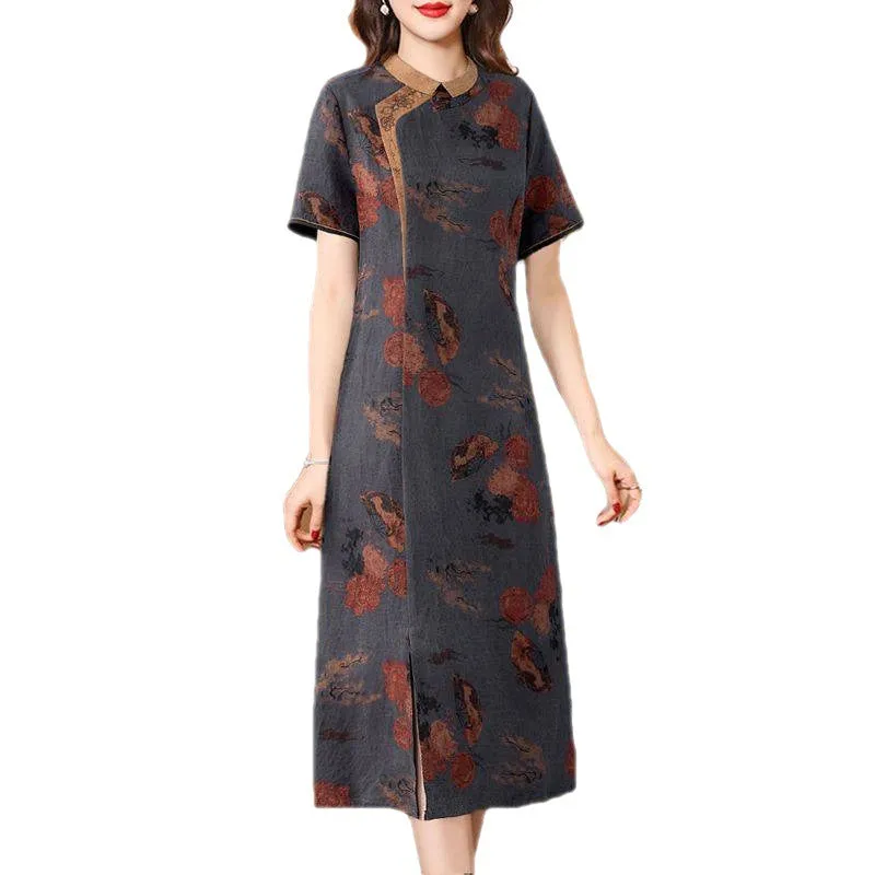 IKERRLAX Turtle Crack Gambiered Guangdong Silk Dress Women's Mulberry Silk Noble Slim Temperament plus Size Cheongsam Dress