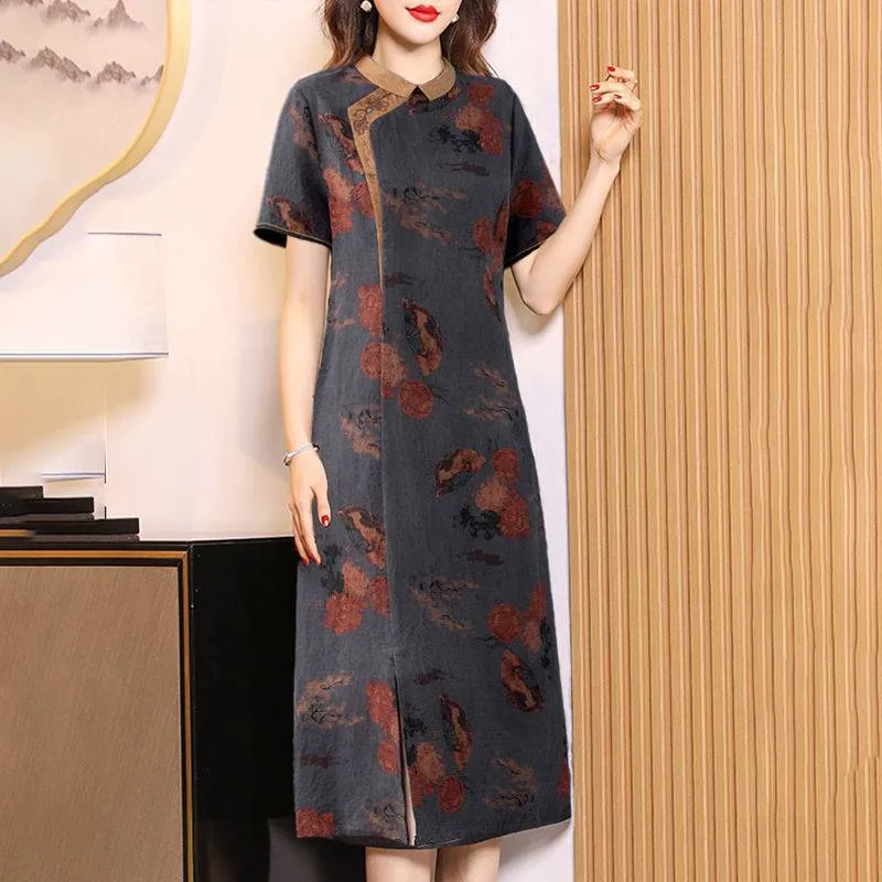 IKERRLAX Turtle Crack Gambiered Guangdong Silk Dress Women's Mulberry Silk Noble Slim Temperament plus Size Cheongsam Dress