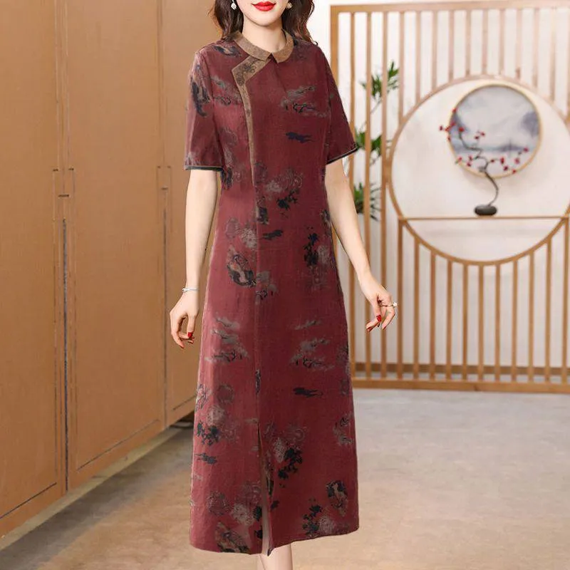 IKERRLAX Turtle Crack Gambiered Guangdong Silk Dress Women's Mulberry Silk Noble Slim Temperament plus Size Cheongsam Dress