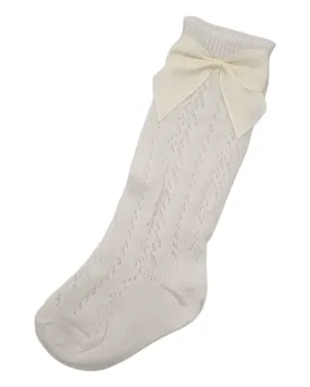 Ivory Open Patterned Knee High Style Socks With 3 Inch Bow