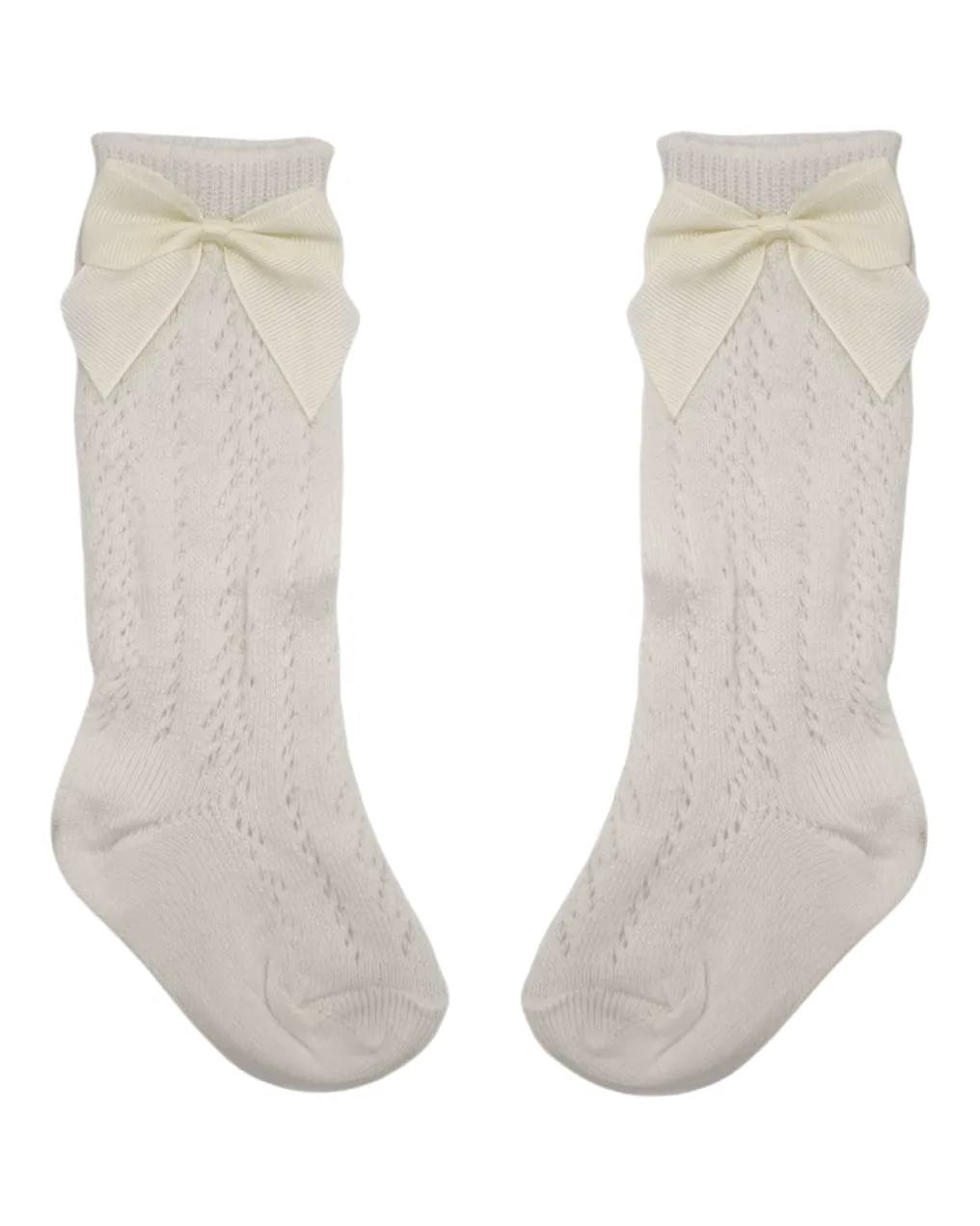 Ivory Open Patterned Knee High Style Socks With 3 Inch Bow