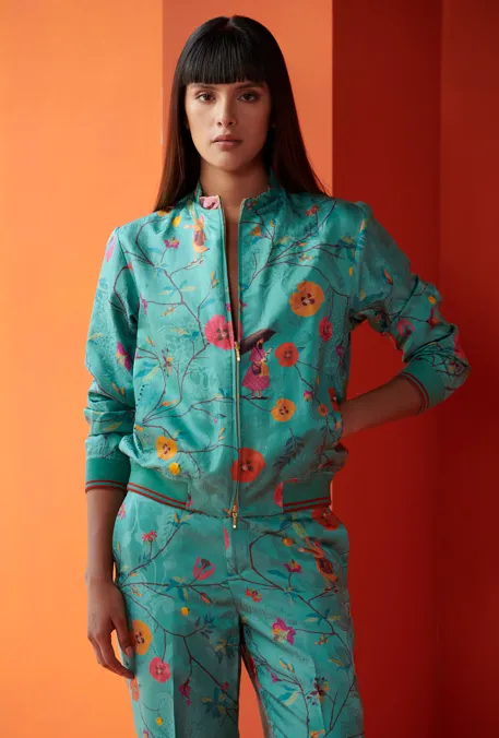 Janbaaz Bomber Jacket Silk Damask Aqua