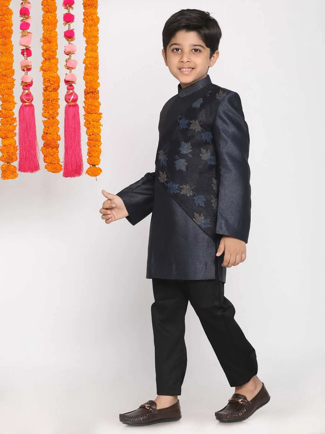 Jashvi Boys Navy Blue Slim-Fit Sherwani Set