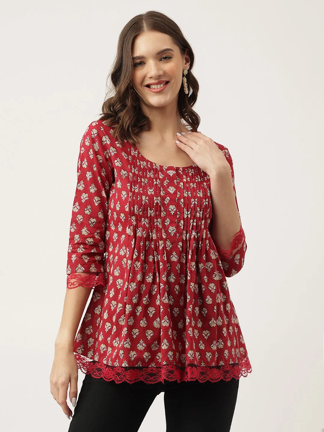 Jashvi Maroon Floral Printed Cotton Peplum Top