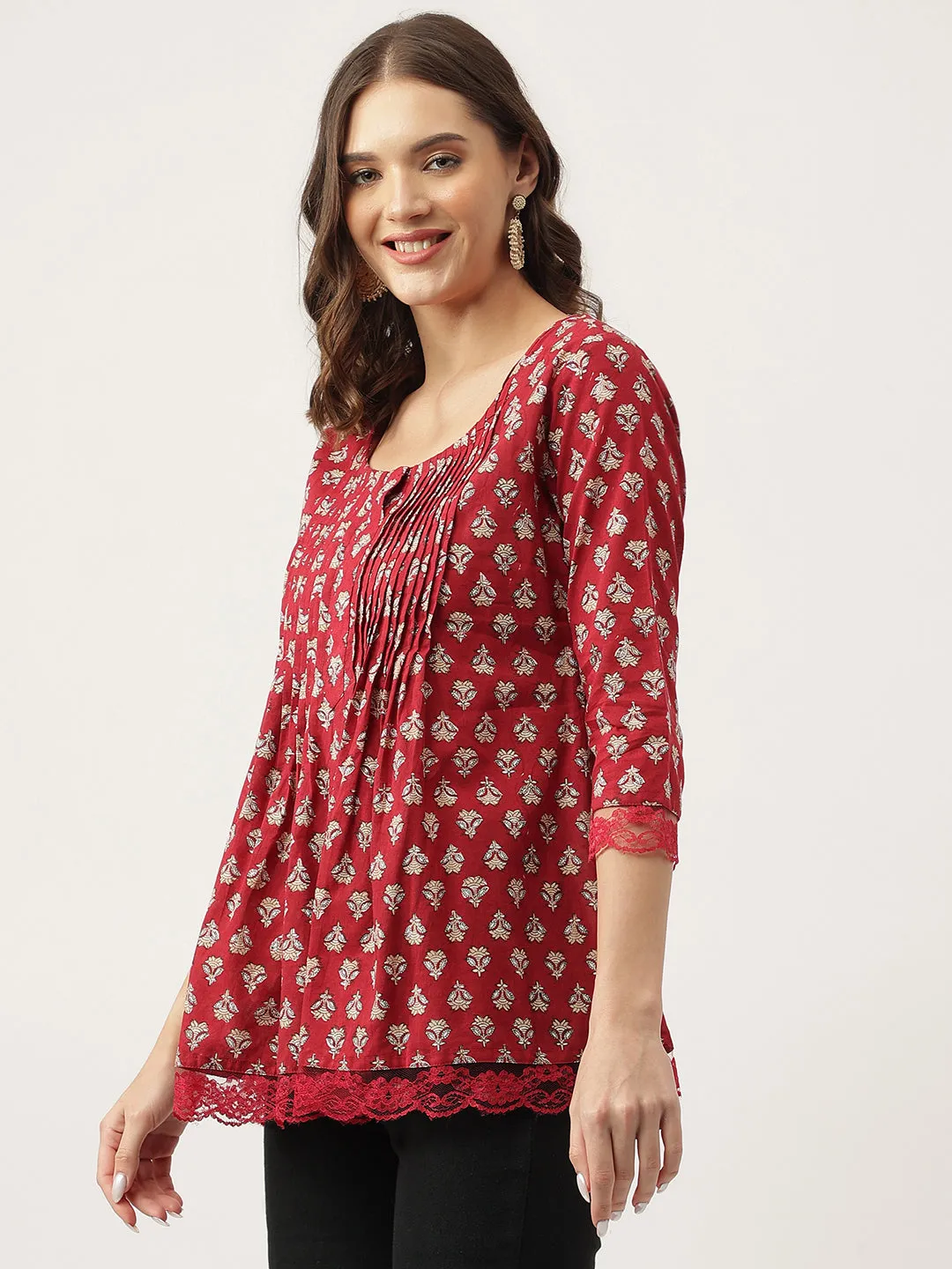 Jashvi Maroon Floral Printed Cotton Peplum Top