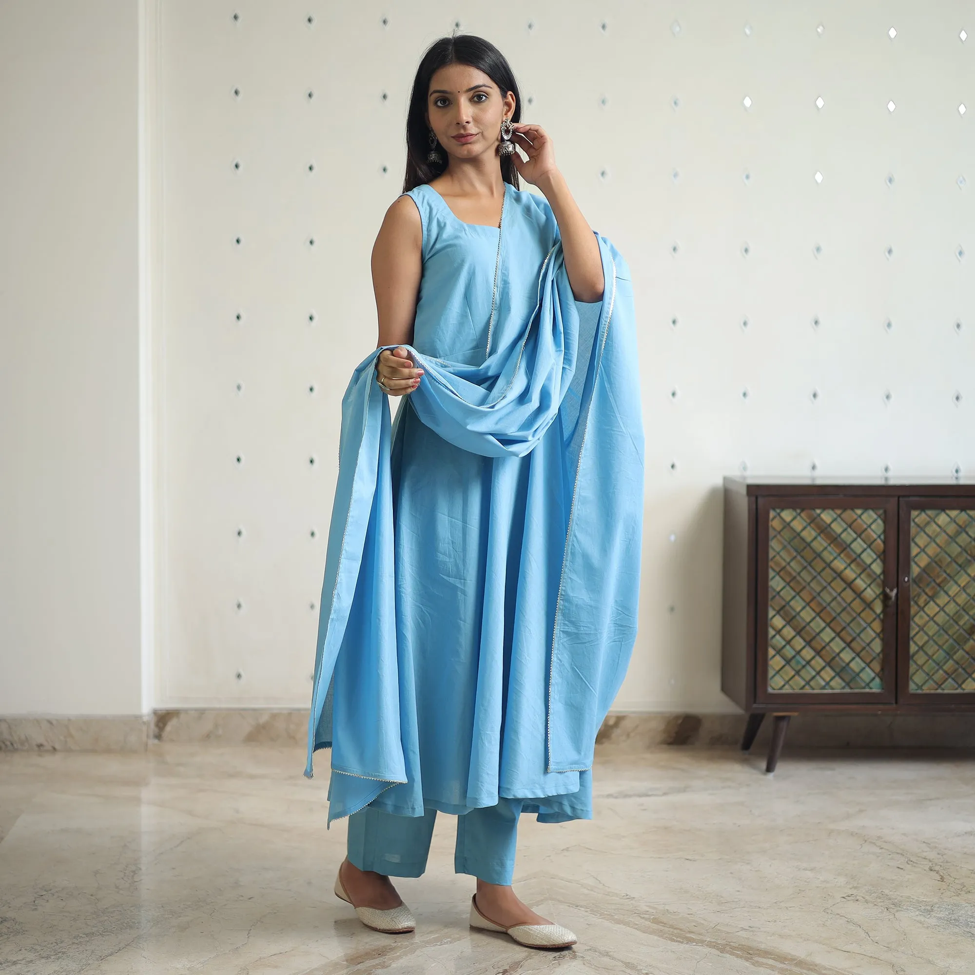 Jasleen Blue Cotton Flared Kurta with Palazzo & Dupatta Set