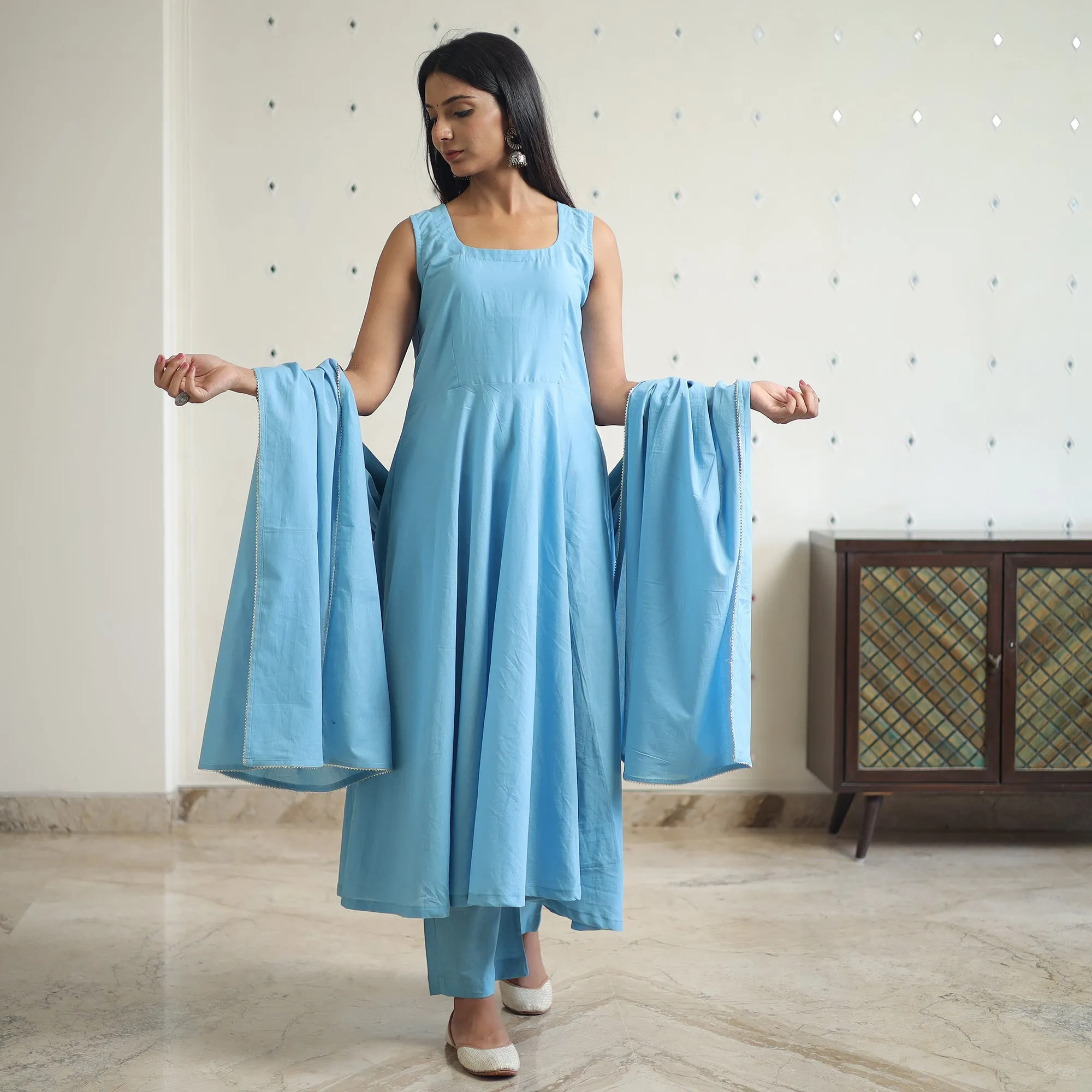 Jasleen Blue Cotton Flared Kurta with Palazzo & Dupatta Set