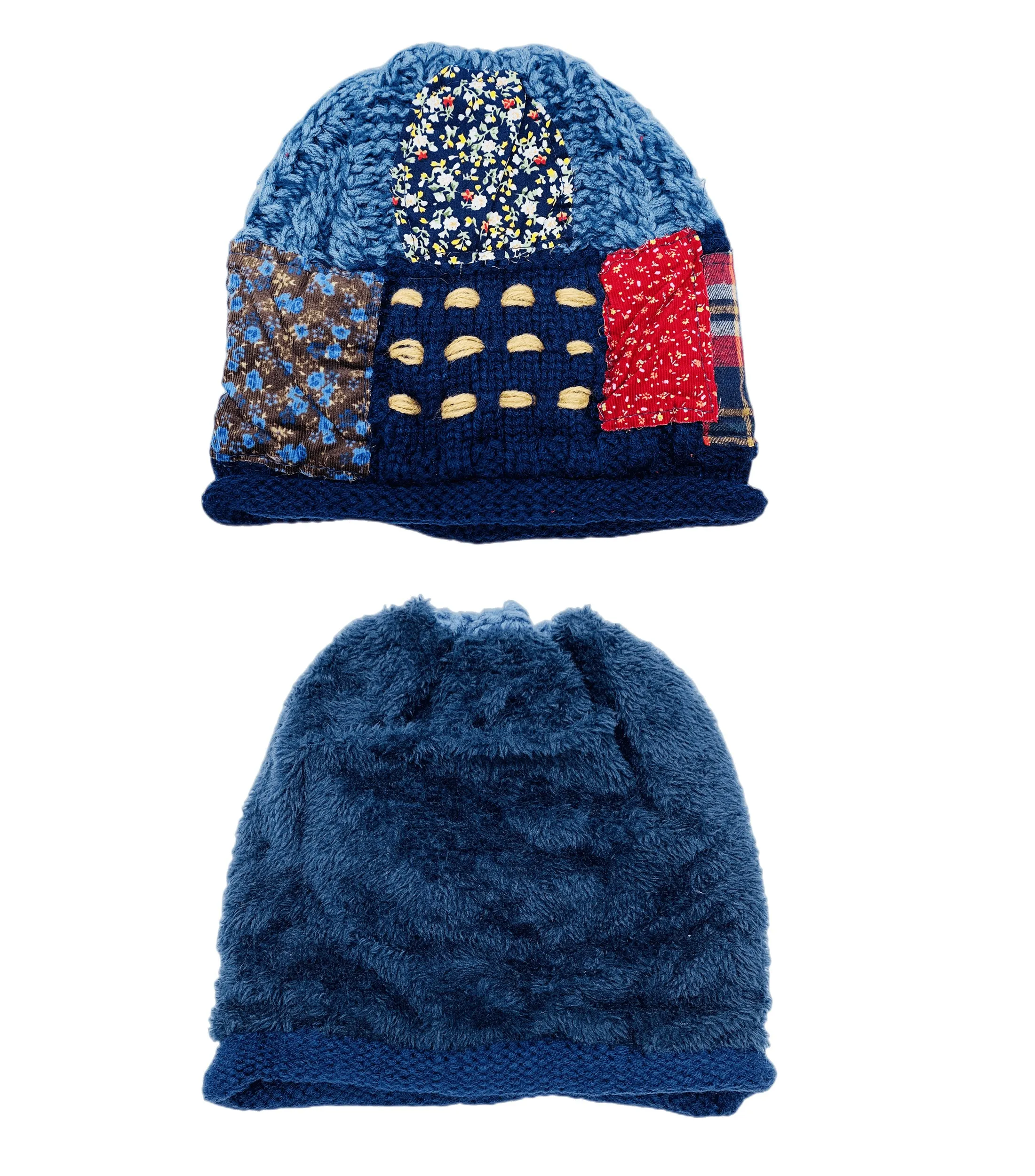 JCH307001 Blue Reversible Patchwork Hand-knit Fleece Lined Beanie