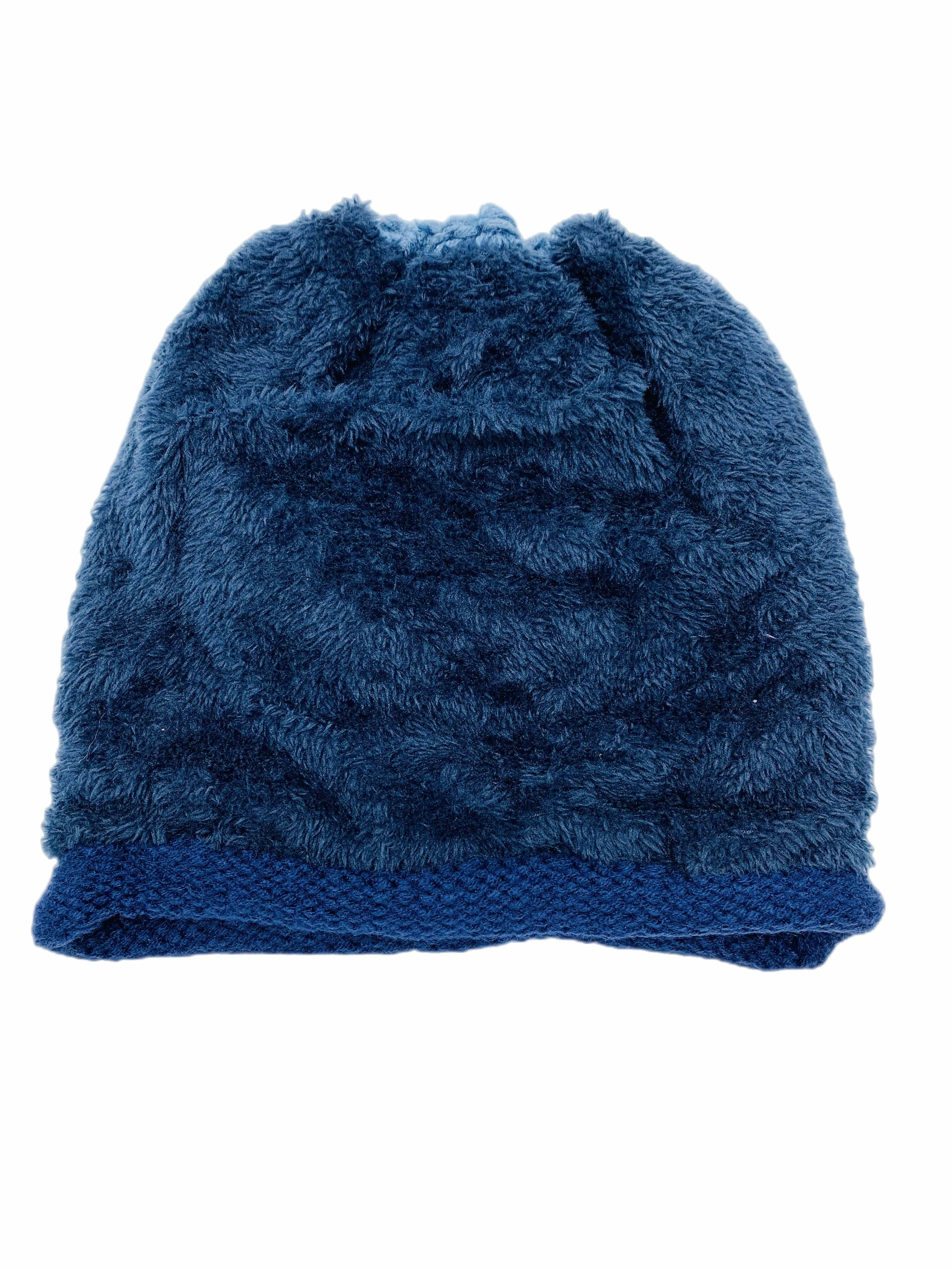 JCH307001 Blue Reversible Patchwork Hand-knit Fleece Lined Beanie