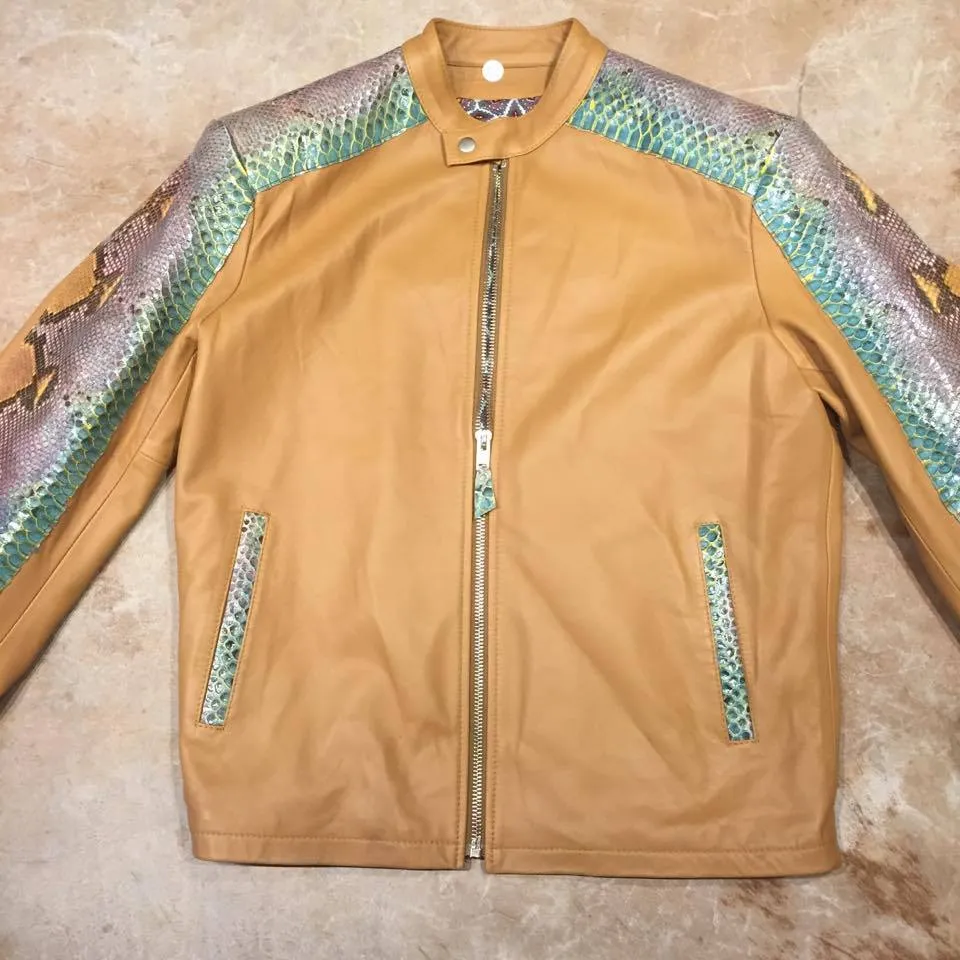 Kashani Iridescent Python Snake Skin Peanut Bomber Jacket