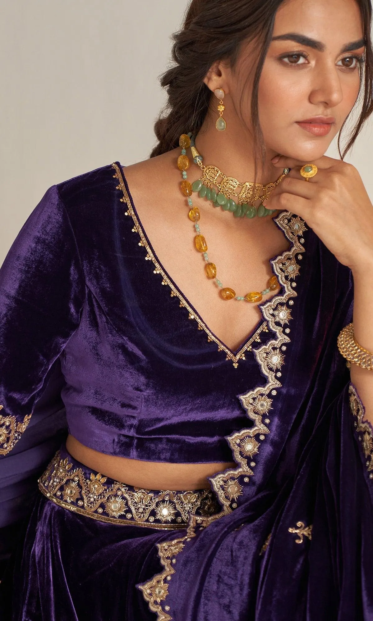 Khizaan Embroidered  Plum velvet Lehenga set with scalloped shawl   Set of 3 RTS