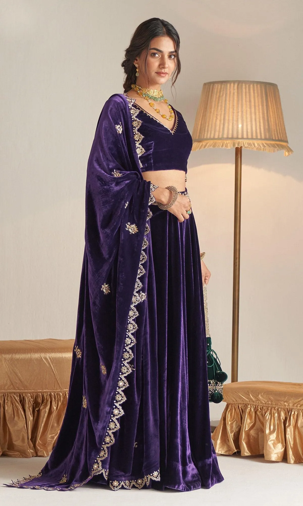 Khizaan Embroidered  Plum velvet Lehenga set with scalloped shawl   Set of 3 RTS