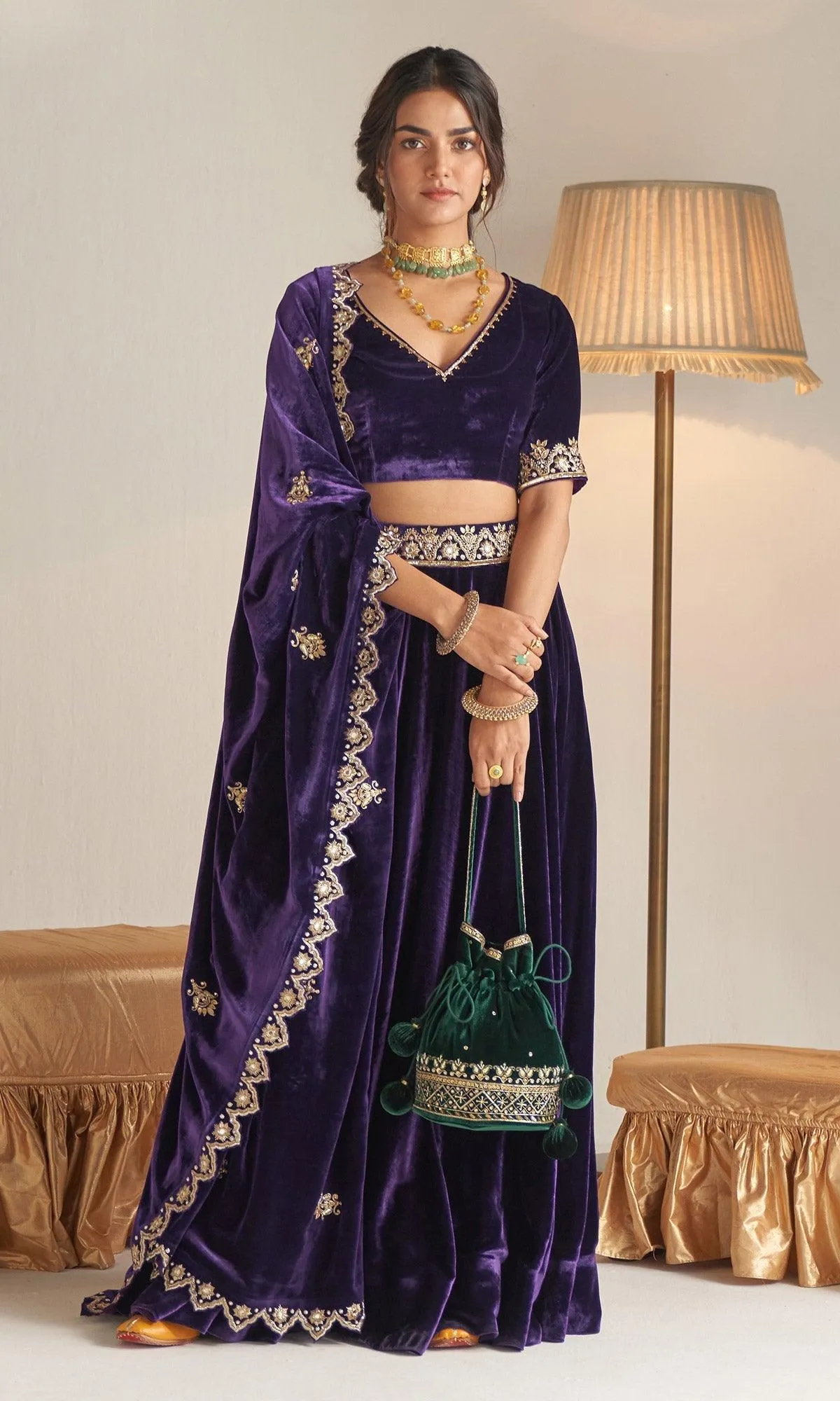 Khizaan Embroidered  Plum velvet Lehenga set with scalloped shawl   Set of 3 RTS