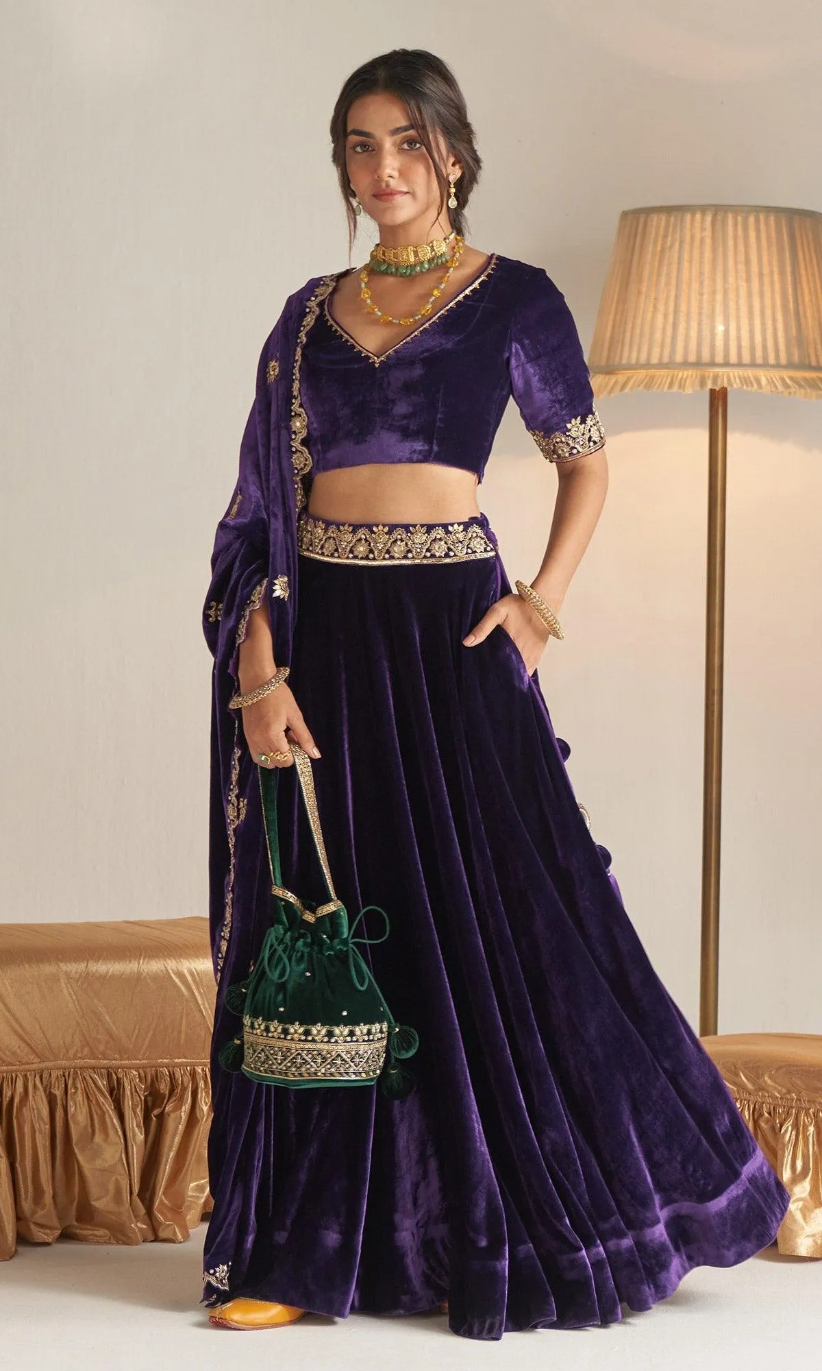 Khizaan Embroidered  Plum velvet Lehenga set with scalloped shawl   Set of 3 RTS