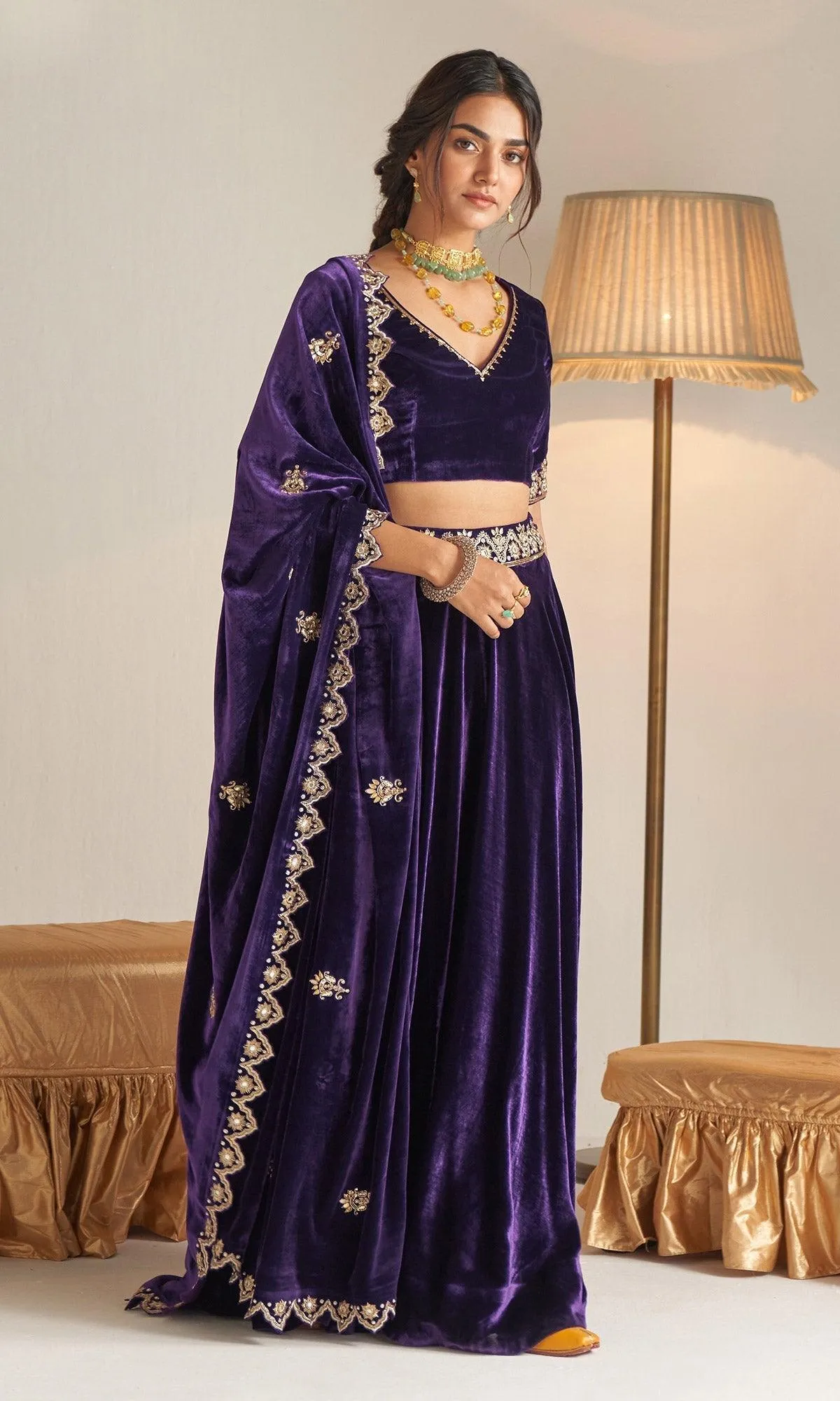 Khizaan Embroidered  Plum velvet Lehenga set with scalloped shawl   Set of 3 RTS