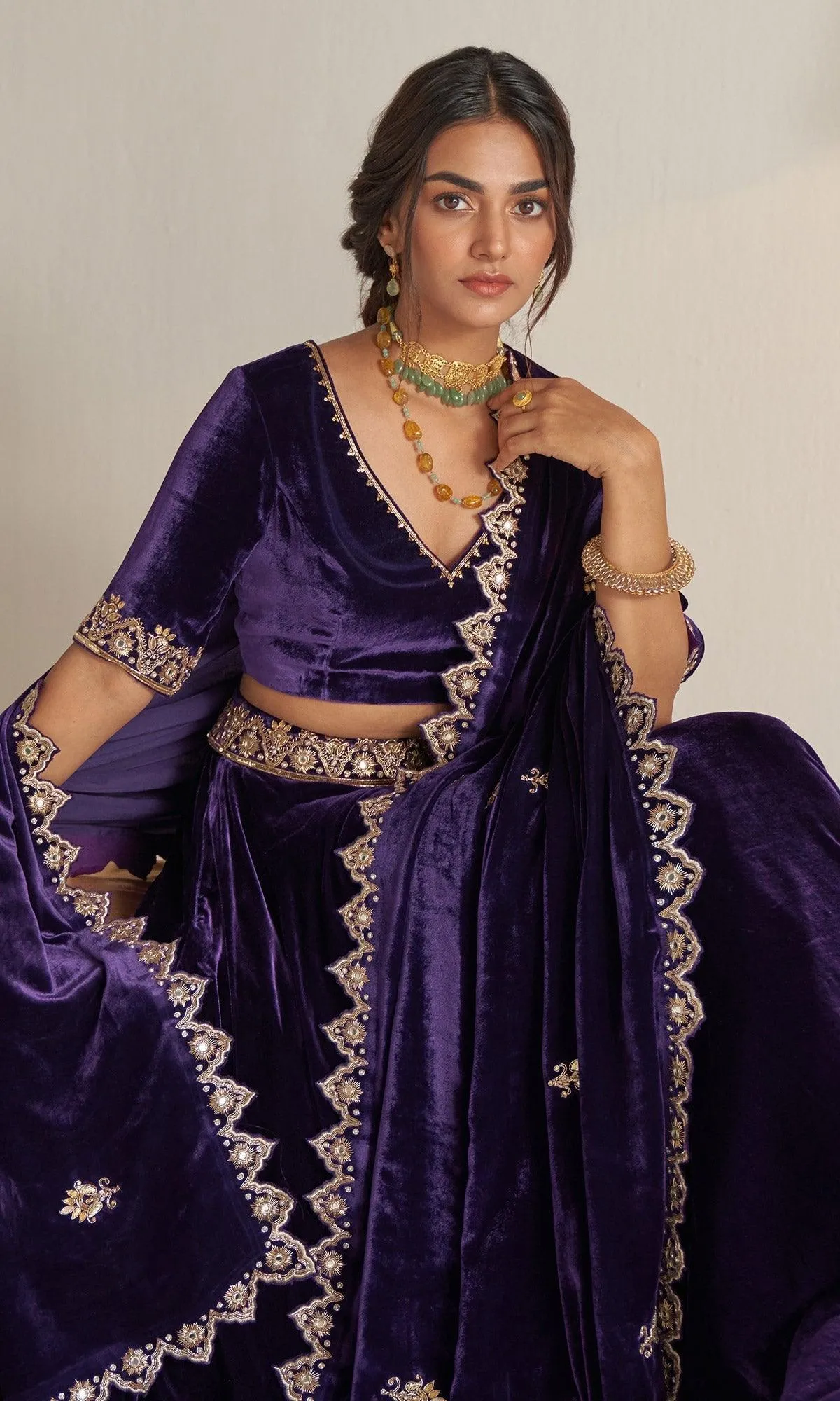 Khizaan Embroidered  Plum velvet Lehenga set with scalloped shawl   Set of 3 RTS