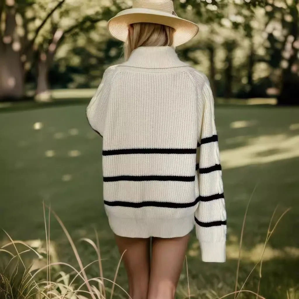 Lapel Striped Knit Sweater (MS057)