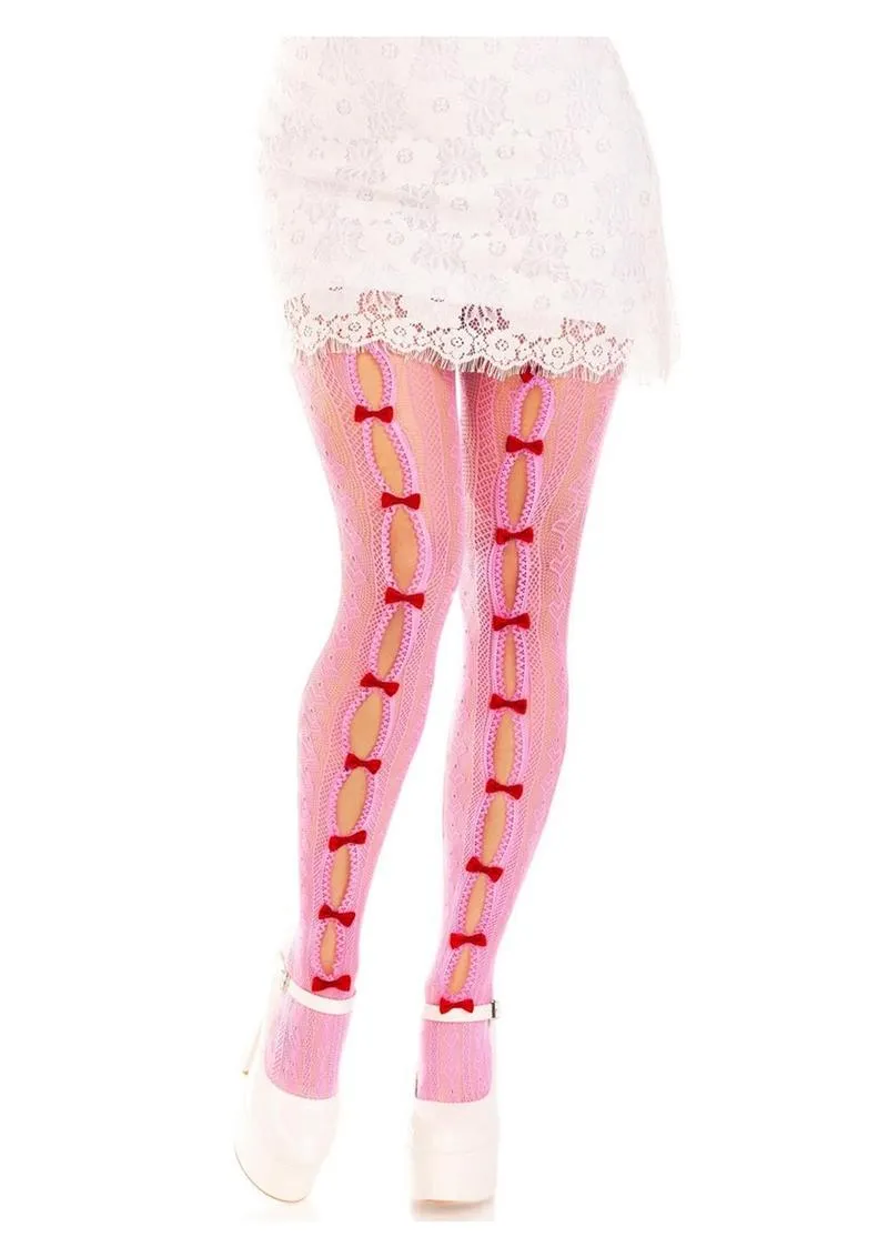 Leg Avenue Sweetheart Striped Net Tights with Keyhole and Mini Bow Detail