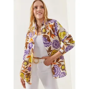 Lilac Yellow Oval Bat Oversize Linen Viscose Woman Blouse With Pocket,Vintage Blouse,Floral Pattern Blouse, Gift For Her, Collar Blouse