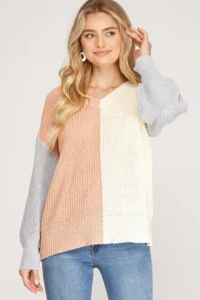 Long Sleeve Color Block V-neck Sweater Top