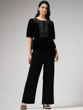 LOV Black Corduroy Wide-Leg Trousers