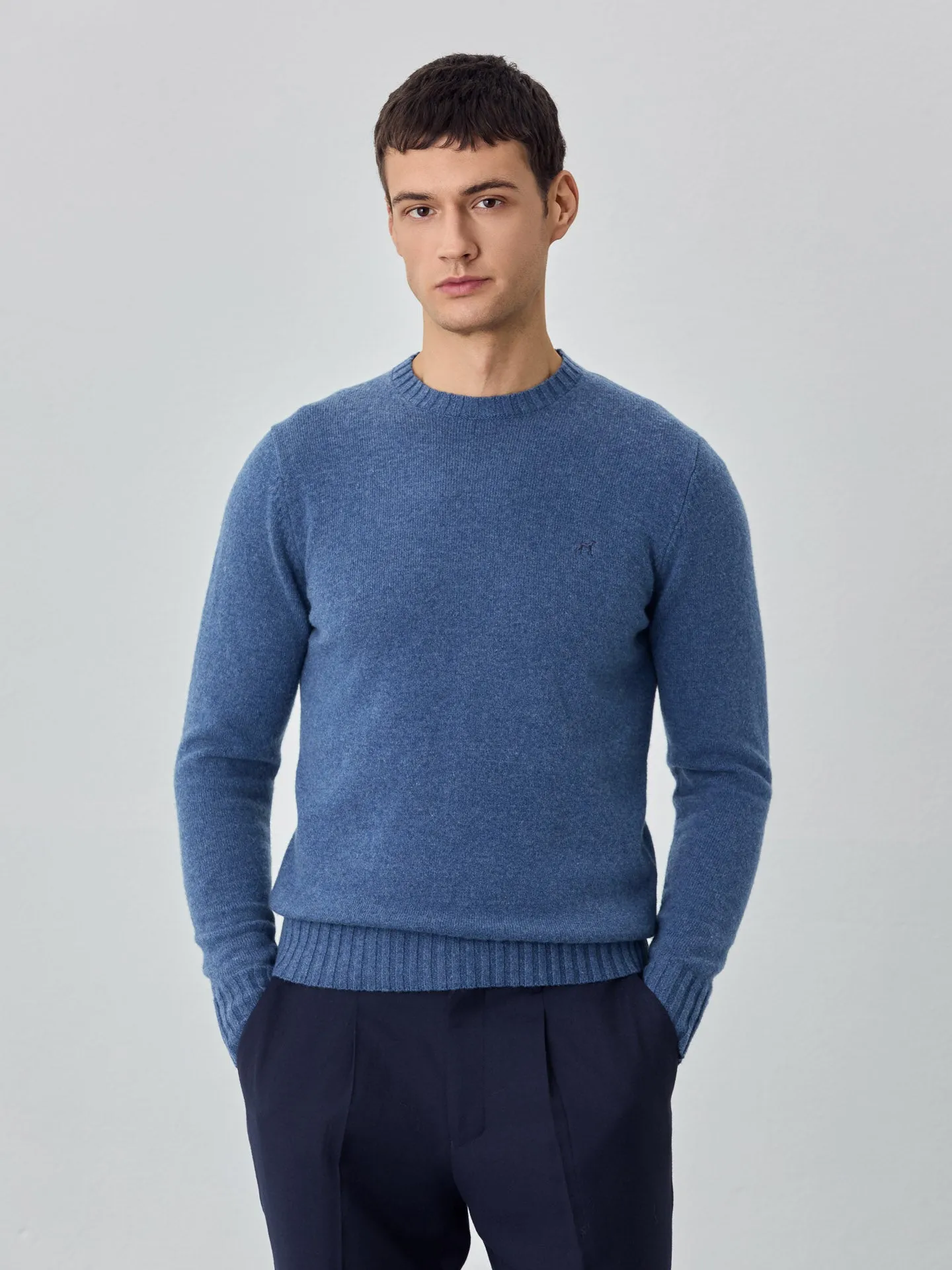 Machine Washable Crew Neck Sweater With Long Sleeves In Lambswool