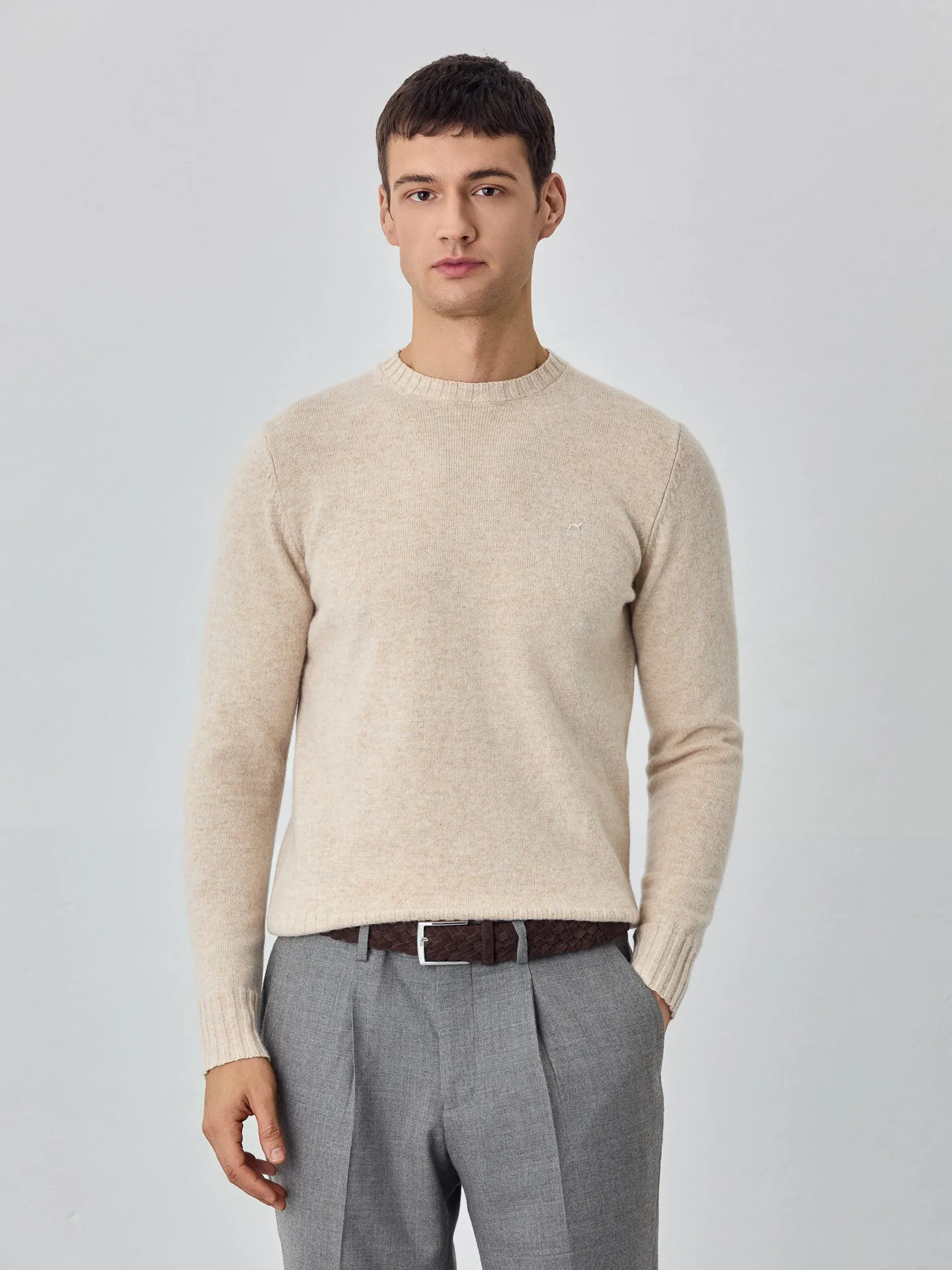 Machine Washable Crew Neck Sweater With Long Sleeves In Lambswool